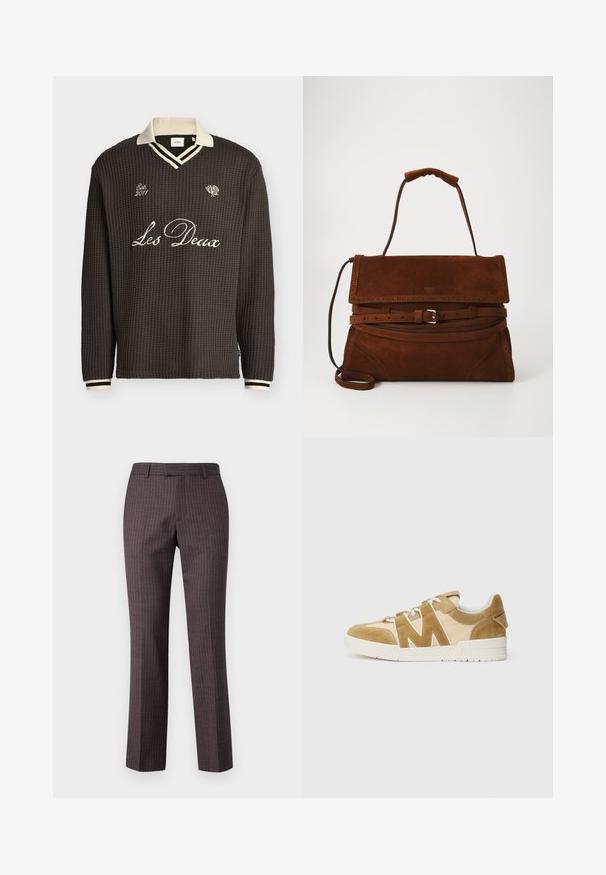 Pull à manches longues en maille gaufrée marron foncé avec col crème, poignets rayés et texte brodé "Les Deux" et "Est. 2011" sur le devant.; Pantalon sur mesure marron foncé avec un motif de fines rayures, coupe droite et texture de tissu lisse. Présente une taille standard.; Baskets beige et marron avec un mélange de suède et de maille, dotées d'un design découpé distinct en forme de 'M', de lacets blancs et d'une semelle en caoutchouc texturée.; Sac à main en suède marron avec une forme structurée, doté d'une poignée supérieure, d'une bandoulière réglable, de détails de ceinture et d'accents perforés décoratifs.