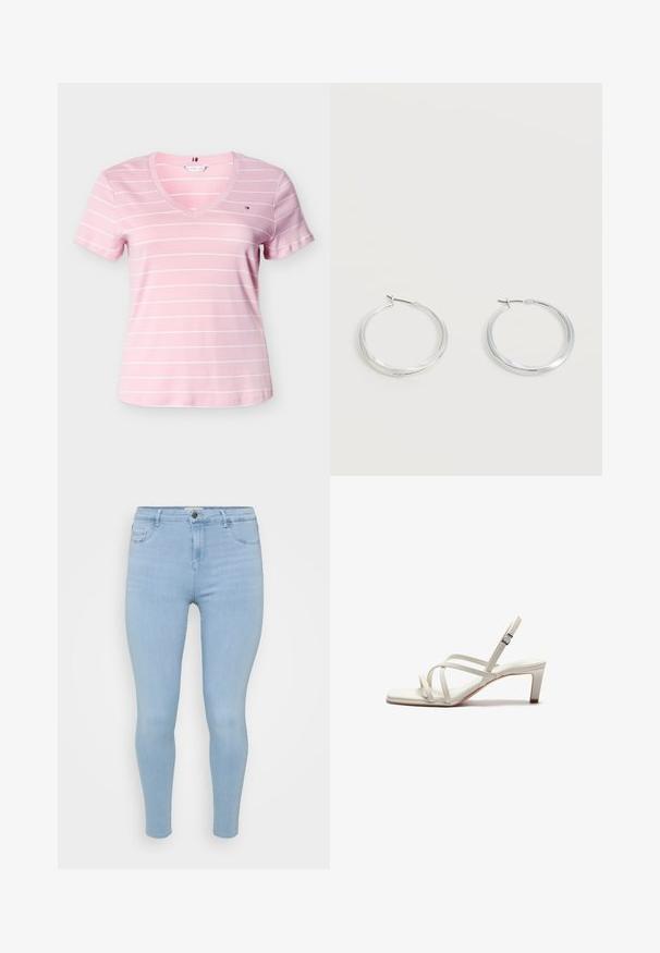 Lyserød dames kortærmet V-hals T-shirt med tynde hvide vandrette striber og et lille logo på venstre bryst.; Lysblå skinny jeans lavet af denim, med knaplukning, fem lommer og en glat, let falmet tekstur.; Zign Pumps - off white; Sølvfarvede metaloorringe med glat, let buet overflade og låsemekanisme på en ensfarvet hvid baggrund.