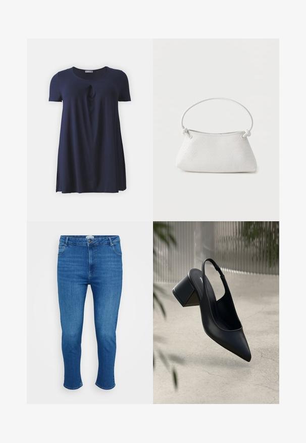 Marineblauw T-shirt met korte mouwen en een ronde halslijn, voorzien van een subtiele gedraaide detail aan de voorkant, gemaakt van zachte, gladde stof.; Blauwe denim jeans met een hoge taille, voorknop en rits, vijf zakken en een slim rechte pasvorm.; Zwarte leren slingback hak met een spitse neus en een blokhak. Glad oppervlak, minimalistisch ontwerp en verstelbare enkelband.; Witte handtas van gevlochten leer met een afgeronde handgreep en uiteinden van de band die geknoopt zijn, afgebeeld tegen een effen achtergrond.