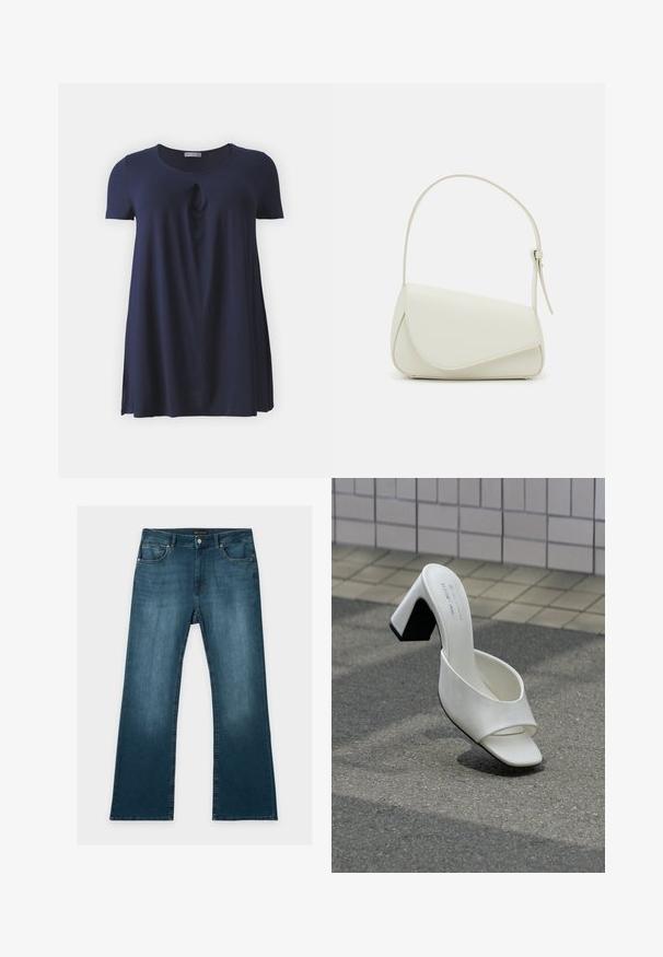 Marineblaue kurzärmelige T-Shirt mit Rundhalsausschnitt und einem subtilen Wendepunkt an der Vorderseite, aus weichem, glattem Stoff gefertigt.; Blaue Jeans mit geradem Bein, vorderen und hinteren Taschen, Knopf- und Reißverschluss und dezenten verblassten Details an Oberschenkeln und Knien.; Ein weißer offener Mule mit Blockabsatz steht auf grauem Asphalt vor einer gefliesten Wand.; Weiße Kunstleder-Handtasche mit einer strukturierten dreieckigen Form, einem verstellbaren Einzelgurt und einem Klappenverschluss mit geschwungenen Akzenten.