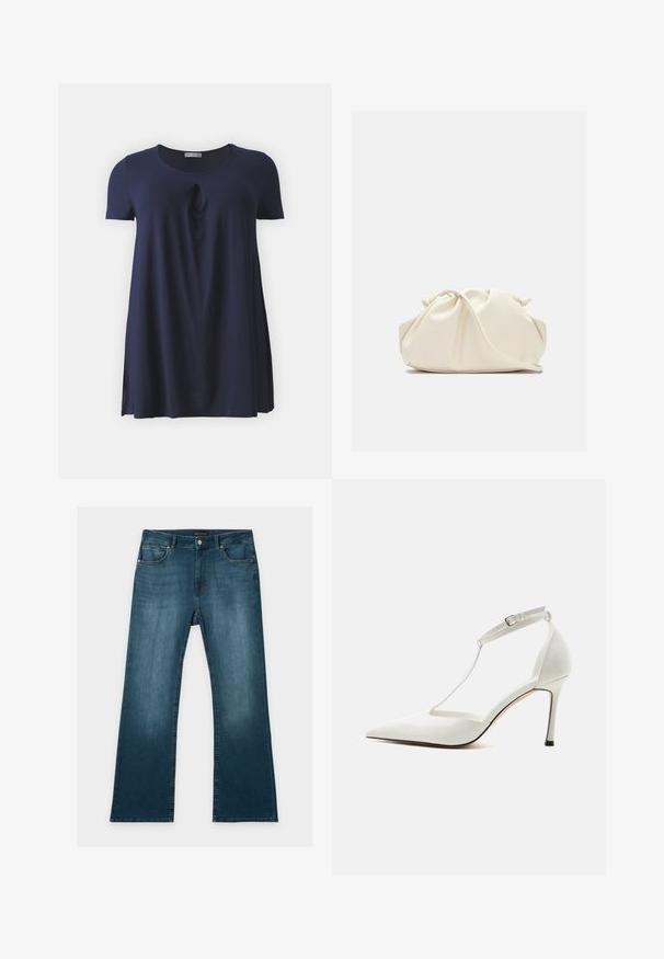 Marineblaue kurzärmelige T-Shirt mit Rundhalsausschnitt und einem subtilen Wendepunkt an der Vorderseite, aus weichem, glattem Stoff gefertigt.; Blaue Jeans mit geradem Bein, vorderen und hinteren Taschen, Knopf- und Reißverschluss und dezenten verblassten Details an Oberschenkeln und Knien.; Weißer spitzer High Heel mit dünnem Knöchelriemen und Schnalle, glatter Oberfläche und schlankem Stiletto-Absatz auf einfarbigem Hintergrund.; Weiche, cremefarbene Leder-Clutch mit gerafftem Design und einem dünnen Schulterriemen, der vorne auf einem schlichten Hintergrund liegt.