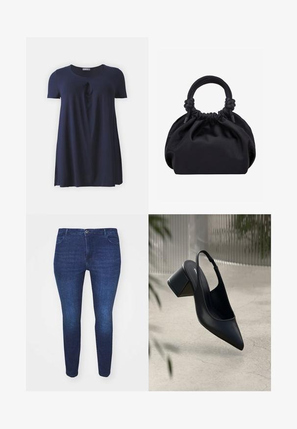 Marineblå t-shirt med korte ærmer og rund halsudskæring, med en subtil tvistdetalje foran, lavet af blødt, glat stof.; Mørkeblå slim-fit denim jeans med frontknap og lommer, vist fra forsiden mod en hvid baggrund.; Sort læder slingback hæl med spids tå og blokhæl. Glat tekstur, minimalistisk design og justerbar ankelrem.; Sort blød stofhåndtaske med samlet top og cirkulære polstrede håndtag bundet med knuder på hver side.