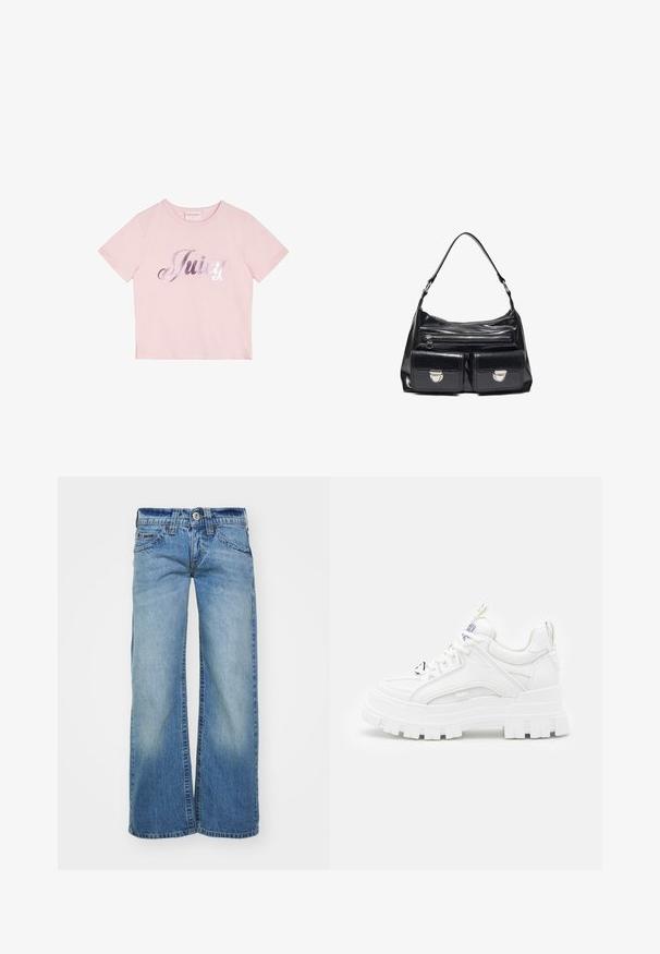 Rosa T-Shirt mit kurzen Ärmeln aus Baumwolle, mit einem metallischen silbernen Schriftzug "Juicy" auf der Vorderseite. Einfaches Rundhalsdesign.; Hellblaue weit geschnittene Jeans aus Denim-Stoff mit einer ausgewaschenen Optik, fünf Taschen und einem Knopfverschluss mit Gürtelschlaufen.; Weiße klobige Sneakers mit einer strukturierten Oberseite, gepolstertem Schaft und dicker, gerippter Sohle. Verfügt über kontrastierende schwarze Schnürsenkel und Branding-Details.; Schwarze Lederhandtasche mit einem einzelnen Tragegurt, einer Reißverschlusstasche und zwei vorderen Klappentaschen mit Verschluss.