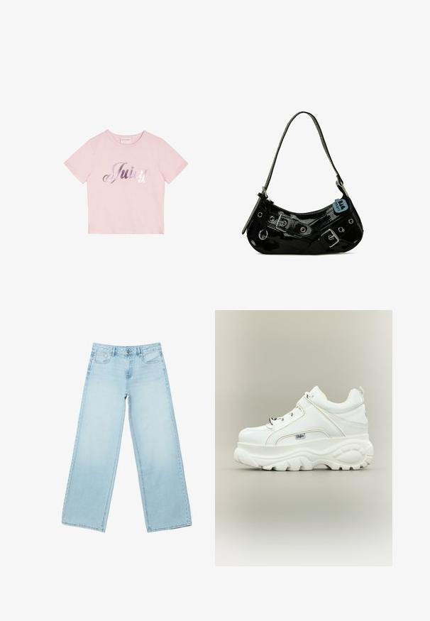 T-shirt rose à manches courtes en coton, avec un texte en script métallique argenté "Juicy" sur le devant. Design simple à col rond.; Jean large bleu clair avec poches avant, passants pour ceinture et fermeture à bouton, présenté à plat sur un fond blanc.; Baskets à plateforme blanches avec semelle épaisse et imposante, lacets sur le devant et logo de la marque Buffalo sur le côté, vues de l’extérieur.; Sac à main en cuir verni noir avec une forme incurvée, présentant des ferrures en argent, des boucles décoratives et une bandoulière courte. Étiquette bleue attachée.