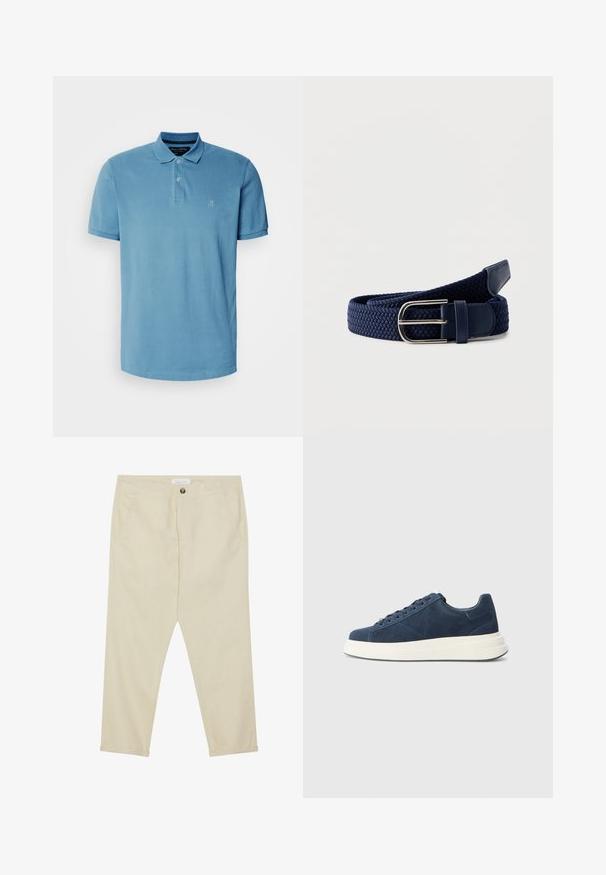 Polo bleu clair en coton, doté d'un col classique, d'une patte de boutonnage à trois boutons et d'un petit logo brodé sur la poitrine.; Pantalons en coton beige avec une coupe droite, poches avant et fermeture à un bouton. Longueur cheville avec une texture lisse.; Baskets en daim bleu marine avec une semelle en caoutchouc blanche, comportant six œillets, une doublure texturée et un design minimaliste avec de subtils détails de couture.; Ceinture en tissu tissé bleu marine avec boucle en métal argenté et détails en cuir, enroulée sur fond blanc.