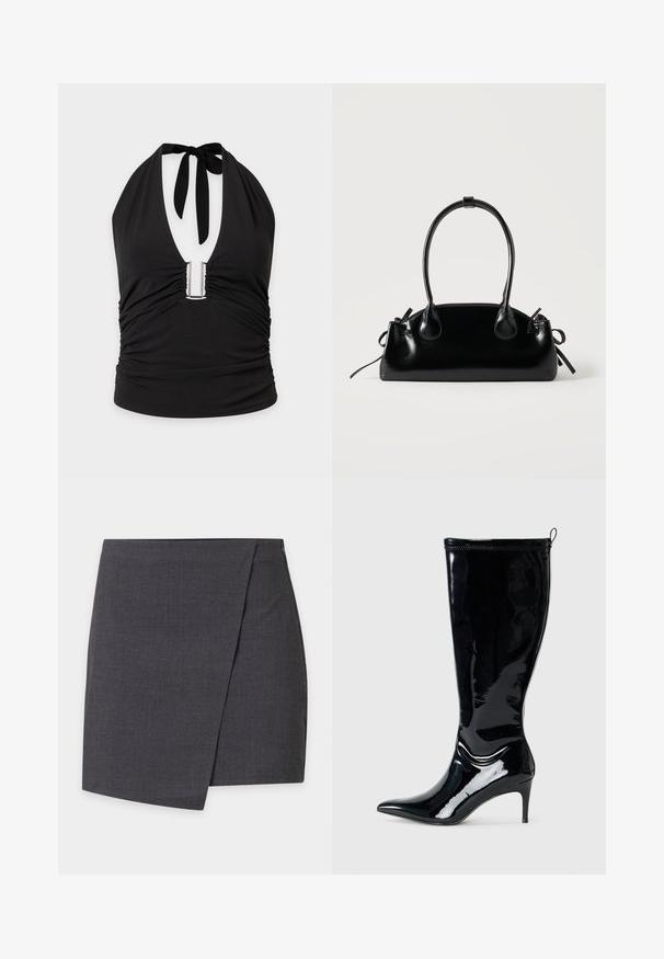 Schwarzes Neckholder-Top mit tiefem V-Ausschnitt, metallischem U-förmigem Detail in der Mitte und gerafftem Stoff an den Seiten und vorne.; Dunkelgrauer Minirock im Wickelstil mit klaren Linien und einem dezenten seitlichen Überlappungsdetail.; Schwarze Lackleder-Knöchelstiefel mit spitzem Schuh und schlankem hohen Absatz. Verfügt über einen Reißverschluss an der Rückseite und eine glatte, glänzende Textur.; Kleine schwarze glänzende Handtasche mit zwei langen Griffen und seitlichen Kordelzug-Details vor einfachem hellem Hintergrund.