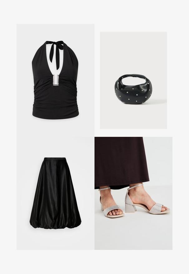 Haut noir à col halter avec un profond décolleté en V, détail métallique en forme de U au centre et tissu froncé sur les côtés et à l'avant.; Jupe midi en satin noir avec une forme ballon volumineuse. Texture lisse et taille ajustée, conçue pour une silhouette fluide.; Sandales à talon bloc argentées ornées avec un bout ouvert et une sangle de cheville. Dispose d'une texture pailletée sur les sangles et d'une semelle beige.; Sac à main en cuir noir de forme arrondie, décoré de clous argentés et équipé d'une poignée courte. Texture lisse et fermeture éclair.