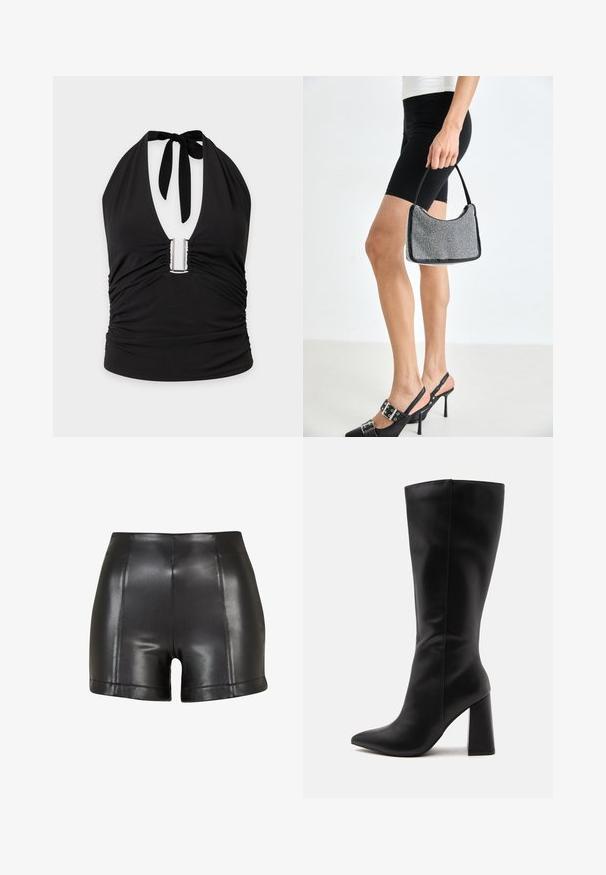 Top negro de cuello halter con escote en V profundo, detalle metálico en forma de U en el centro y tejido fruncido en los lados y el frente.; Pantalones cortos de imitación de cuero negros con una cintura alta, textura suave y costuras visibles a lo largo del frente y el dobladillo.; Botín alto de cuero negro con punta puntiaguda y tacón alto y grueso sobre un fondo claro y liso.; Bolso de cuentas negras con una silueta curva, asa de transporte y textura brillante. Llevado con zapatos de tacón altos negros y pantalones cortos negros ajustados.