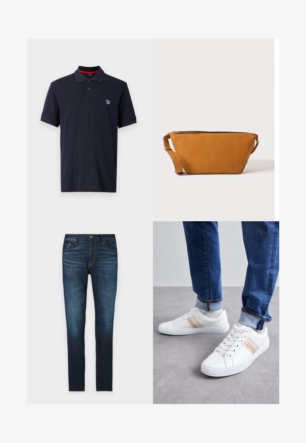 Marineblauwe poloshirt van katoen, met een traditionele kraag, een drieknoopssluiting en een klein geborduurd logo op de linkerkant van de borst.; Donkerblauwe denim jeans met een rechte snit, voorzien van vijf zakken, oranje steken accenten en een gladde textuur.; Witte leren sneakers met meerkleurige strepen, vetersluiting, rubberen zool en gevoerd kraagje, gecombineerd met blauwe spijkerbroek.; Lichtbruine leren crossbodytas met verstelbare band en ritssluiting, getoond tegen een effen lichte achtergrond.