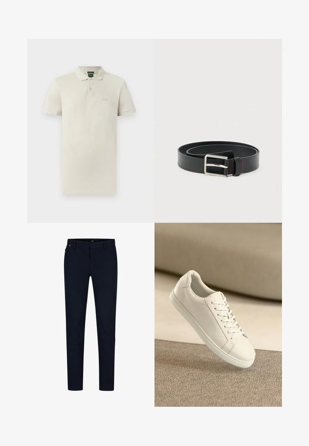 Poloshirt van lichtbeige katoen, met een klassieke kraag, korte mouwen, een knoopsluiting met twee knopen en een subtiel geborduurd logo op de borst.; Marineblauwe broek van gladde stof, met een slim fit, riemlussen en een verborgen ritssluiting. Er zijn geen opvallende patronen of accenten aanwezig.; Witte leren sneaker met witte veters, weergegeven op een beige textuurovervlak en een zacht vervaagd achtergrond.; Zwarte leren riem plat opgerold met een zilverkleurige rechthoekige gesp en rode stiksels nabij de riemlus, op een witte achtergrond.