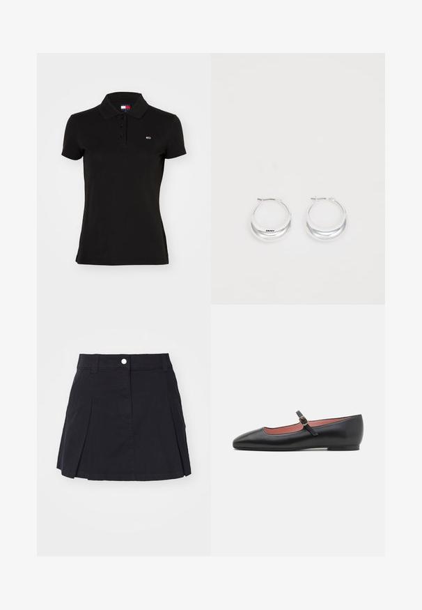 Polo noir à manches courtes avec trois boutons et un petit logo rectangulaire sur le côté gauche de la poitrine.; Jupe en coton noir avec un design plissé, une fermeture à bouton et des passants de ceinture. Longueur courte avec une texture lisse et sans motifs visibles.; Chaussure plate en cuir noir avec un bout pointu et une sangle au niveau de la cheville, ornée d'une boucle en or. Texture lisse avec une finition légèrement brillante.; Boucles d'oreilles en argent avec une finition polie et un branding DKNY, présentées sur un fond blanc uni.