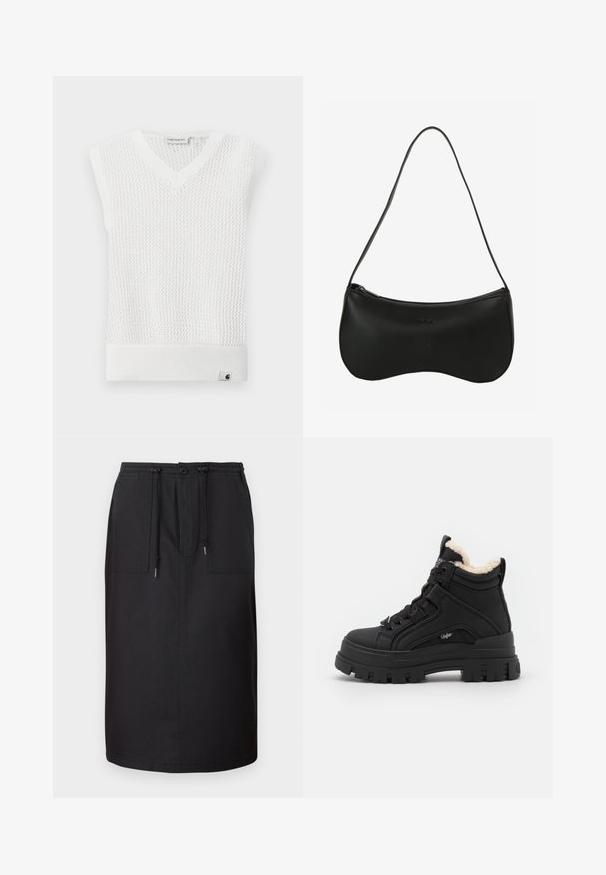 Pull sans manches blanc avec col en V, motif en tricot texturé et bords côtelés. Comprend une petite étiquette logo Carhartt à l'ourlet.; Jupe en denim noir avec une silhouette droite, dotée d'une taille élastique, d'un cordon de serrage et de deux poches avant pour plus de fonctionnalité.; Buffalo ASPHA MID WARM - Bottines à lacets - black; Sac d'épaule en cuir noir avec une forme incurvée, fermeture éclair et une seule bandoulière fine ; texture lisse et détail de logo embossé subtil.