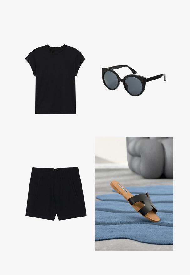 T-shirt en coton noir avec un col rond, des manches courtes et une coupe décontractée. Texture lisse sans motifs ni embellissements visibles.; Shorts noirs en tissu lisse, avec des poches latérales, une coupe ajustée et des plis structurés à l'avant pour une silhouette épurée.; Sandale noire plate à bride fendue, montée sur une semelle beige. Matière en caoutchouc texturé, présentée sur une surface de tapis bleu.; Lunettes de soleil oversize noires en forme d'œil de chat, avec des verres teintés foncés et une monture en plastique brillant. Caractéristiques de branches épaisses pour le soutien.