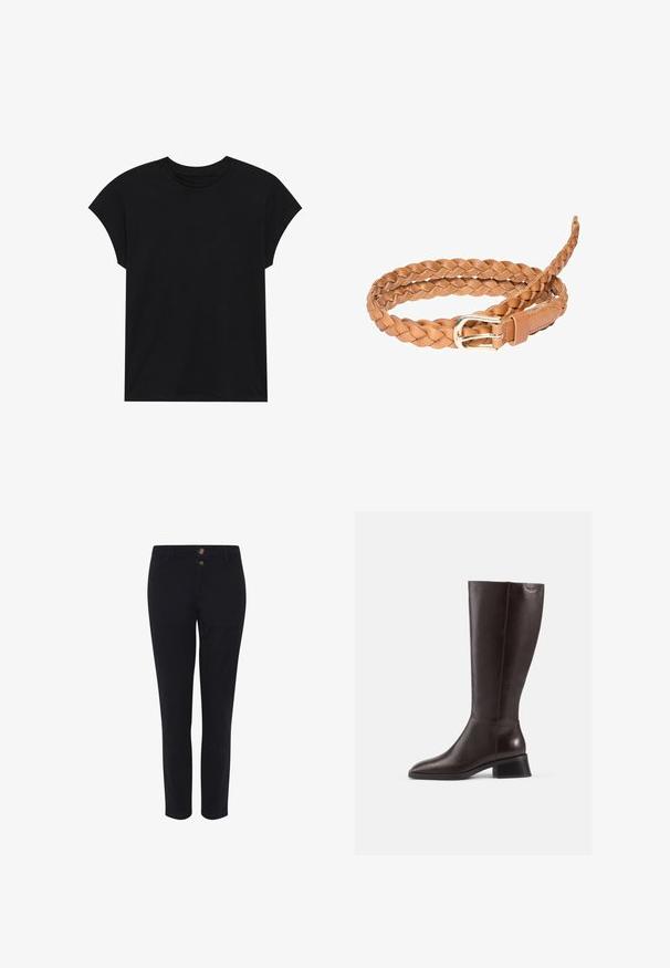 T-shirt en coton noir avec un col rond, des manches courtes et une coupe décontractée. Texture lisse sans motifs ni embellissements visibles.; Pantalons noirs sur mesure en tissu mélangé coton, avec deux boutons à l'avant, une coupe droite et une texture lisse. Aucun motif visible.; Bottes en cuir marron arrivant au genou avec une finition lisse, bout rond et un talon empilé noir. Design simple avec des détails matériels minimaux.; Ceinture en cuir tressé couleur tabac enroulée avec boucle en métal argenté, détails de couture près de la boucle sur fond blanc.