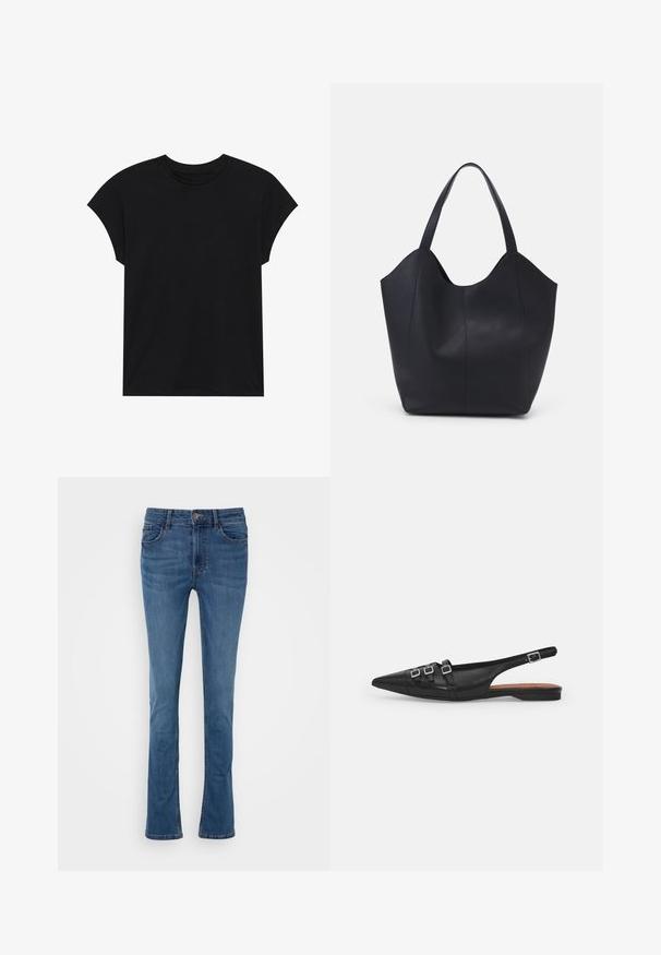 Sort bomulds T-shirt med rund halsudskæring, korte ærmer og en afslappet pasform. Glat tekstur uden synlige mønstre eller udsmykninger.; Blå denim flared jeans med fem lommer, bæltestropper og en lynlås foran. Har en glat tekstur og let falmende.; Sort læderslyngeflad sko med spids tå, der har to vandrette stropper og firkantede sølvspænder, lav hæl og glat tekstur.; Sort tote taske lavet af glat læder, med en buet, åben top, to skulderstropper og et minimalistisk design.