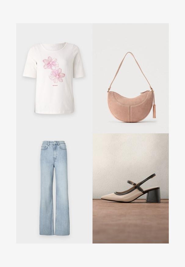 Weißes T-Shirt mit kurzen Ärmeln aus Baumwolle, das rosa Blumenmuster und den Schriftzug "TOM TAILOR" unter den Grafiken trägt.; Hellblaue, ausgestellte Jeans mit hoher Taille, die vordere Taschen und dezente Nähte entlang der Beine aufweist.; Beiger Slingback-Pumps mit spitz zulaufender Schuhspitze, schwarzem Besatz und Schnallendetail. Glattes Material mit matter Oberfläche, mittelhoher Blockabsatz.; Rosa Wildleder-Handtasche mit einer gebogenen, halbmondförmigen Form, einem einzelnen Tragegurt und einem Reißverschluss. Verfügt über gestickte Details und eine Quastenverzierung.