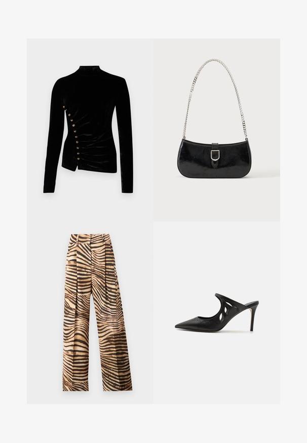 Rabanne Langærmet T-shirt - black; Bredde ben bukser i et beige og brunt zebra-stribe mønster, der har plisseringer, høj talje og en glat, skinnende tekstur.; Sorte læder højhælede mules med spids tå, udskåret sideskærm og glat tekstur. Stiletthæl og subtil syning.; Sort skuldertaske i laklæder med sølv spænde og sølv kæderem, vist mod en ensartet lys baggrund.