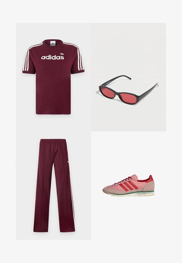 Maroonfarbenes Baumwoll-T-Shirt mit weißen, gestreiften Ärmeln, das das "adidas"-Logo in Weiß auf der Brust und ein kleines Logo darüber zeigt.; Bordeauxrote Trainingshose mit elastischem Bund, seitlichen Reißverschlusstaschen, weißen Seitenstreifen und kleinem weißem Adidas-Logo am rechten Oberschenkel.; Pink-rote Adidas-Sneaker mit Wildleder an Zehen- und Fersenpartie, roten Schnürsenkeln, grünem Streifen über der weißen Sohle, seitlich betrachtet.; Schwarze ovale Sonnenbrille mit schlanken Bügeln und rot getönten Gläsern, die auf einer weißen Oberfläche liegt.