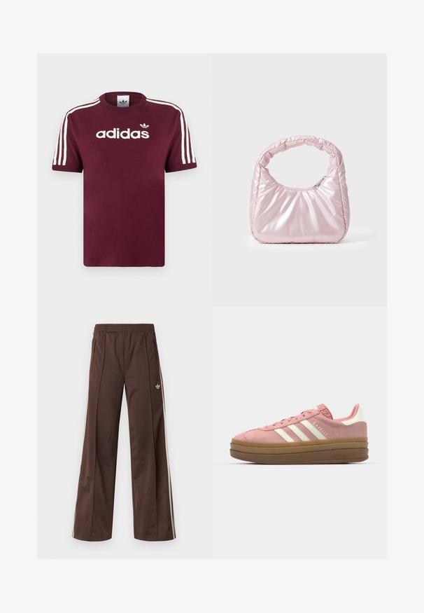 Bordeauxrode katoenen T-shirt met wit gestreepte mouwen, met het "adidas" logo in het wit over de borst en een klein logo erboven.; Bruine sportbroek met een wijd uitlopende pijp, witte zijstrepen, een elastische tailleband en twee zijzakken. Heeft een klein logo op het been.; adidas Originals GAZELLE BOLD - Sneakers laag - mauve/off white; Roze, gevoerde handtas met een afgeronde vorm, gemaakt van glanzend materiaal. Beschikt over een geplooide handgreep en een ritssluiting voor veilige toegang.