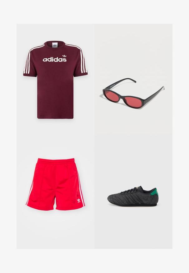 Mørkerød bomulds T-shirt med hvide stribede ærmer, med "adidas" logo i hvid på brystet og et lille logo ovenover.; Røde sports shorts med elastisk talje, der har hvide sideløbninger og et broderet logo nederst til venstre. Glat tekstur.; Sort lavprofil sneaker med subtilt blomsterprint, sorte snørebånd, grøn hælflap og guldlogo på tunge og hæl.; Sorte ovale solbriller med tynde arme og rødtonede linser, der ligger på en hvid overflade.