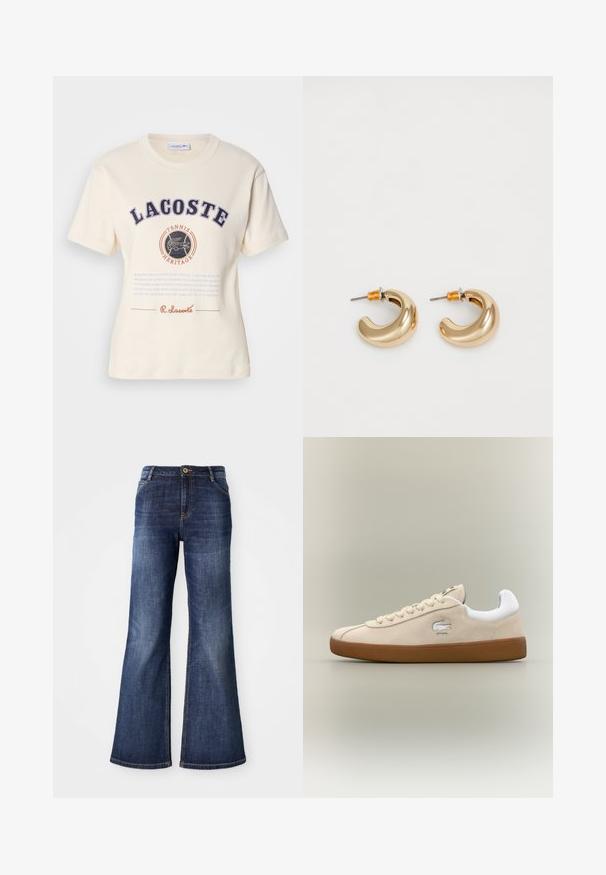 T-shirt en coton crème à manches courtes, portant le texte "LACOSTE" et "TENNIS HERITAGE" en bleu marine et orange, ainsi qu'un graphisme de crocodile.; Jean évasé bleu marine en denim avec fermeture à bouton à l'avant, deux poches avant et décoloration minimale le long des cuisses et de l'ourlet.; Baskets en daim beige avec accents blancs et semelle en caoutchouc. Présentent un logo en relief sur le côté et des lacets beiges contrastants. Design classique.; Deux boucles d'oreilles en forme de cerceau en or brillant, avec un design courbé, présentant des accents orange près de la tige, sur fond blanc uni.
