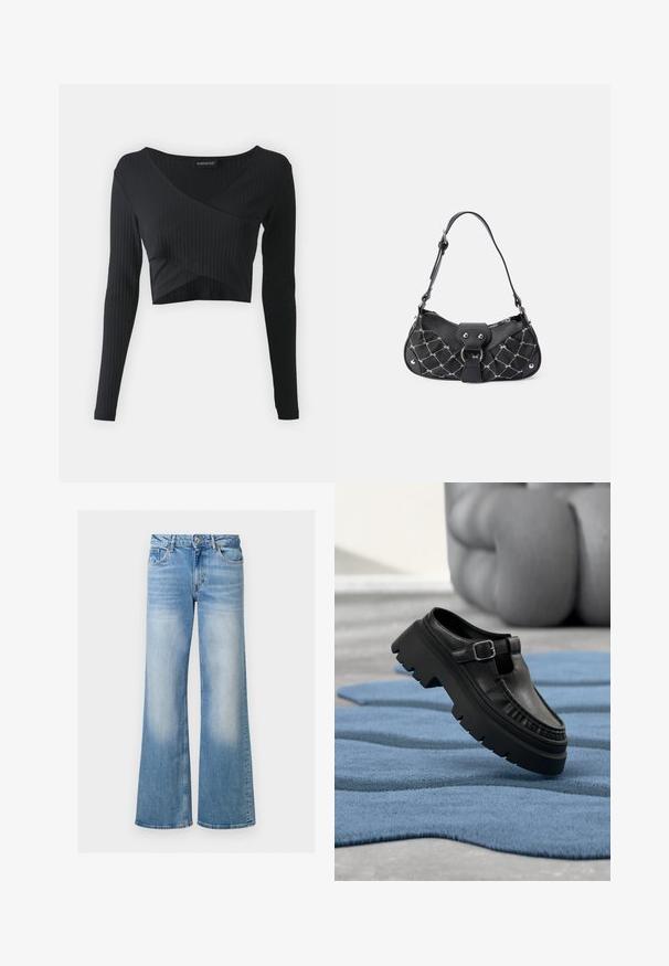 Even&Odd by Zalando Longsleeve - black; Lichtblauwe denim flared jeans met een vervaagde textuur, hoge taille en vijf-pocketdesign, voorzien van een knoop- en ritssluiting.; Zwarte leren loafer met dikke grof profielzool en zilveren gesp, schuin geplaatst op een gestructureerd blauw vloerkleed.; Zwarte handtas met een gekruist textuur, voorzien van zilveren hardware, een gebogen vorm en een enkele verstelbare hengsel. Ritssluiting aan de bovenkant.