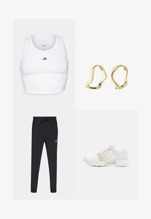 Crop top de sport blanc en tissu léger et respirant. Présente des panneaux latéraux en mesh et un logo noir brodé sur la poitrine.; Pantalons de sport noirs en tissu doux, avec une taille à cordon, des jambes fuselées et un petit logo Adidas blanc sur la cuisse gauche.; Chaussure de sport blanche avec une tige en mesh texturé, des panneaux latéraux translucides et une semelle extérieure en caoutchouc solide. Dotée d'un design à lacets et d'un col rembourré.; Boucles d'oreilles en or en forme de cerceau avec un design fluide et ondulé. Texture lisse, forme ouverte et sans fermoirs visibles. Apparence minimaliste et moderne.