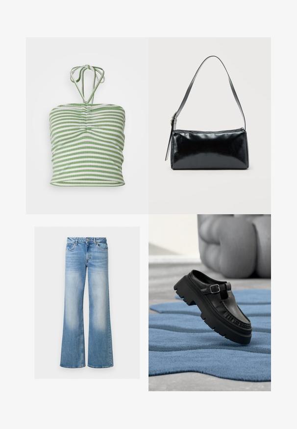 Grün-weiß gestreiftes Oberteil mit taillierter Passform, gerafftem Frontbereich und Halterneck-Bändern. Hergestellt aus einem weichen, dehnbaren Stoff.; Hellblaue Jeans im Schlag, mit verblasster Textur, hohem Bund und fünf Taschen, ausgestattet mit einem Knopf- und Reißverschluss.; Schwarzer Leder-Slipper mit grober Profilsohle und silberner Schnalle, schräg auf einem strukturierten blauen Teppich platziert.; Schwarze rechteckige Schultertasche mit einem verstellbaren Riemen und einem oberen Reißverschluss vor einfachem Hintergrund.