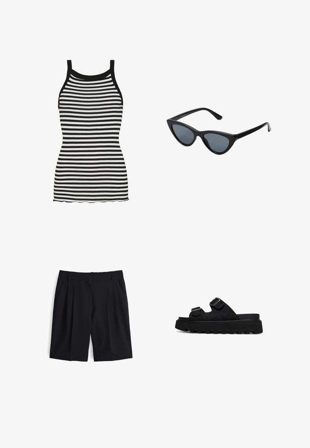 Schwarz-weißer gestreifter Tanktop mit gerippter Textur, taillierter Passform und gewelltem Saum. Verfügt über schmale Träger und einen rundem Ausschnitt.; Schwarze Shorts aus leichtem Stoff, mit hoher Taille, vorderen Falten und seitlichen Taschen. Glatte Textur mit elastischem Bund.; Schwarze Wildleder-Slidesandalen mit zwei verstellbaren Schnallen und einer dicken, strukturierten Gummisohle mit gezacktem Rand.; Schwarze Cat-Eye-Sonnenbrille mit dunkelgrauen Gläsern, schlankem Kunststoffrahmen, spitzen Ecken und geraden Bügeln. Keine sichtbaren Befestigungen oder Akzente.