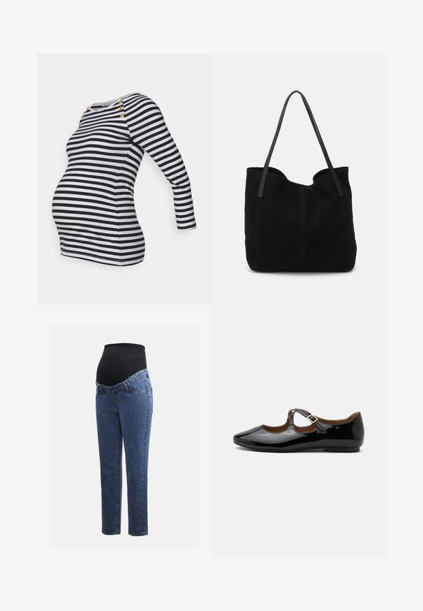 T-shirt de maternité rayé bleu marine et blanc, à manches longues, avec des accents de boutons dorés sur l'épaule. Tissu doux, forme ajustée et ourlet arrondi.; Jeans de maternité avec des jambes en denim bleu et un panneau abdominal noir extensible conçu pour soutenir et couvrir un ventre qui s'arrondit.; Chaussure plate Mary Jane en cuir verni noir avec deux découpes et une bride à boucle dorée sur fond blanc.; Sac fourre-tout en suède noir avec deux longues anses en cuir plates. Présente un bord supérieur incurvé et des coutures visibles sur le devant. Pas d'accents en métal.