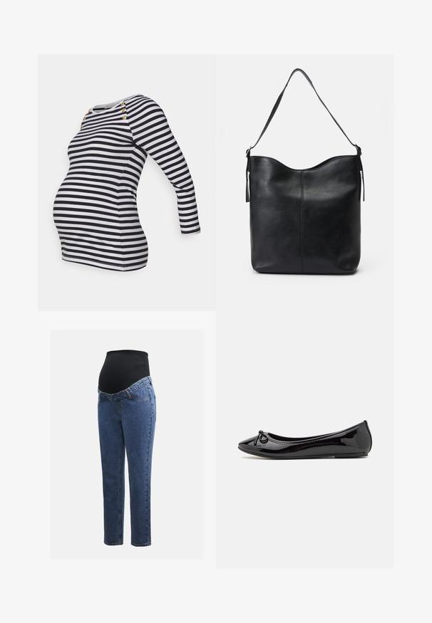 Blusa de maternidad con rayas en azul marino y blanco, mangas largas y detalles de botones dorados en el hombro. Tejido suave, forma ajustada y dobladillo curvado.; Jeans de maternidad con piernas de denim azul y un panel abdominal elástico negro diseñado para soportar y cubrir una barriga en crecimiento.; Bailarina de charol negro con puntera afilada, lazo decorativo en la parte delantera y suela de goma texturizada.; Bolso de hombro de piel negra con textura suave, parte superior redondeada, asa única y diseño minimalista sin herrajes visibles.