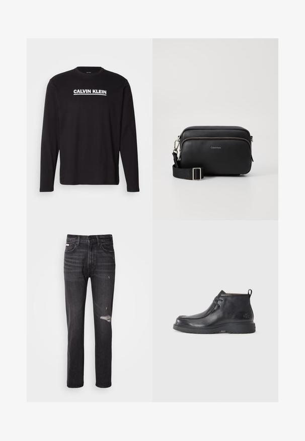 Schwarzes Langarmshirt aus Baumwolle mit einem weißen "CALVIN KLEIN"-Logo über der Brust. Rundhalsausschnitt und enganliegende Ärmel.; Schwarze Denim-Jeans mit gerade geschnittenem Bein, ausgefransten Details an den Knien, Fünf-Taschen-Stil und einem dezenten, ausgewaschenen Finish.; Schwarze Leder-Stiefel bis zur Knöchel mit runder Zehenform, Schnürdesign und einer Ziehlasche auf der Rückseite. Strukturiertes Obermaterial und Gummisohle.; Schwarze Leder-Crossbody-Tasche mit zwei Reißverschlussfächern, strukturiertem Finish, verstellbarem Tragegurt und silbernen Hardware-Details. Calvin Klein-Logo angebracht.