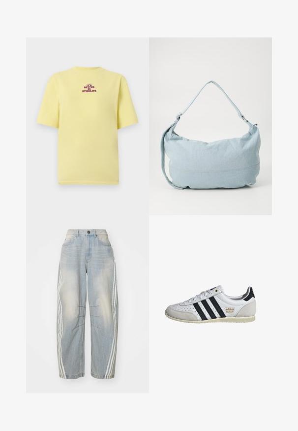 Gelbes T-Shirt mit kurzen Ärmeln und lila Text, der mittig auf der Brust steht und "IT'S BETTER IN STIEGLITZ" lautet, vor hellgrauem Hintergrund.; Hellblaue Jeans aus Denim mit lockerer Passform, seitlichen weißen Streifen, verwaschenem Design und einem Knopfverschluss an der Taille.; Weiße Sneaker mit schwarzen Streifen und goldener Markenkennzeichnung. Verfügt über Materialien aus Wildleder und Leder, ein durchlässiges Obermaterial und eine strukturierte Gummisohle.; Hellblaue Denim-Schultertasche mit runder Form, verstellbarem Gürtel und subtilen Nähten am unteren Rand. Weiche Textur.