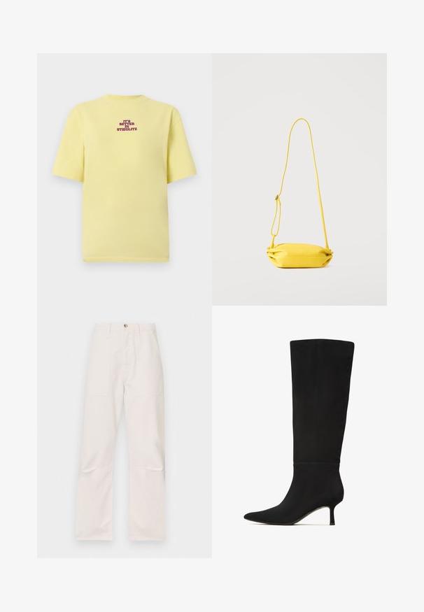 Gul kortærmet t-shirt med lilla tekst i midten af brystet, der lyder "IT'S BETTER IN STIEGLITZ" på en lys grå baggrund.; Hvide højtaljede bukser lavet af et blødt stof, med to frontlommer, et lige ben-design og en enkelt knaplukning fortil.; Sort knæhøje støvler i glat ruskind med spids tå og slank stilettohæl. Har et sømløst design og minimale hardware accenter.; Gul crossbody taske med justerbar tynd rem, blød struktur og lynlås, vist mod en ensartet lys baggrund.