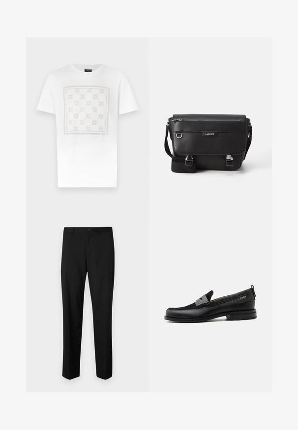 T-shirt en coton blanc présentant un grand motif carré subtil en beige clair avec des formes arrondies et des accents, terminé par un col rond.; Pantalons noirs ajustés avec une coupe plate, taille standard et jambes droites. Fabriqués en tissu lisse, dotés d'une fermeture à un bouton.; Mocassin en cuir noir avec détail de bride grise, talon bas et semelle texturée, marqué "HUGO" en or sur le côté.; Sac messager Lacoste noir texturé avec bandoulière ajustable, rabat avant, poche zippée et fermetures à boucle en métal.