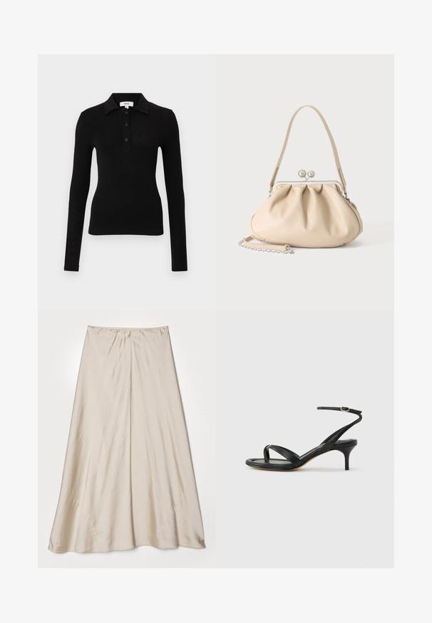 Polo noir à manches longues en tissu doux, présentant un col à revers, une patte de boutonnage et une coupe ajustée pour une silhouette élancée.; Jupe en satin beige avec une silhouette évasée. Présente une taille froncée et un éclat subtil, avec des coutures angulaires et une drapé fluide.; Sandale pour femme en cuir noir avec fines lanières, une boucle d'orteil, une boucle à la cheville et un talon aiguille de hauteur moyenne sur un fond neutre.; Sac à main en cuir souple beige avec un fermoir en métal argenté, une bandoulière simple et une bandoulière chaîne optionnelle sur fond blanc.