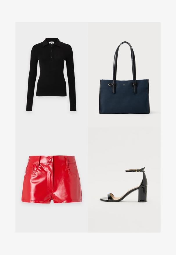 Polo noir à manches longues en tissu doux, présentant un col à revers, une patte de boutonnage et une coupe ajustée pour une silhouette élancée.; Shorts en simili cuir rouge avec une finition brillante, présentant une taille haute, des poches avant et des détails de couture. Design structuré et ajusté.; Sandale à talon haut en cuir verni noir avec bride à la cheville et boucle dorée, bout ouvert et talon bloc sur fond blanc.; Sac cabas rectangulaire bleu marine avec poignées et bordures en cuir noir, petit emblème doré en forme de "W" et détail en anneau doré près du coin supérieur gauche.