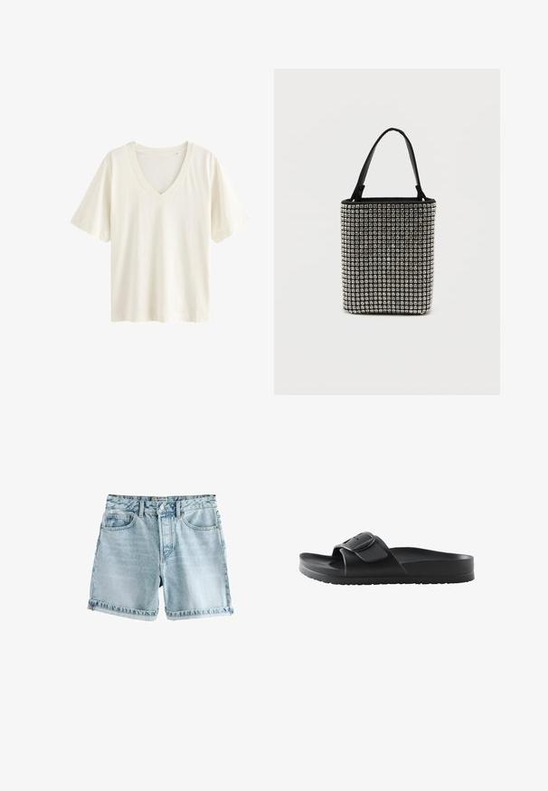 Hvid bomuld T-shirt med V-halsdesign, korte ærmer og en afslappet pasform, der har en glat tekstur uden mønstre.; Lyseblå denim shorts med rå kant, fem lommer og knaplukning. Stoffet har en let slidt tekstur.; Sort slidesandal med tekstureret sål, bred justerbar rem og stor firkantet spænde på hvid baggrund.; Sort håndtaske dækket med rektangulære sølv-nitter, med to sorte håndtag og en struktureret, rektangulær form. Solid bund.