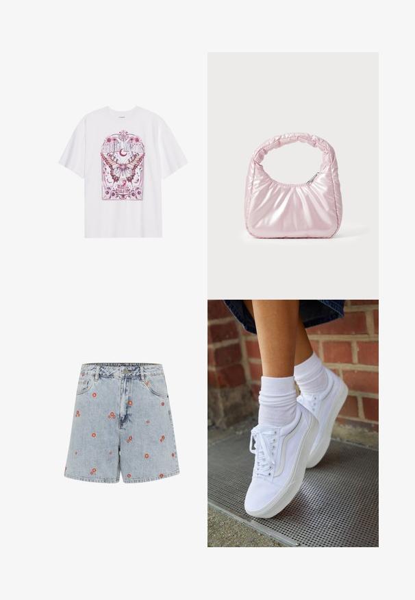 Weißes Baumwoll-T-Shirt mit einem bunten grafischen Design eines Schmetterlings, umgeben von Blumen und Text, mit lockerem Schnitt und kurzen Ärmeln.; Hellblaue Jeansshorts mit roter Blumenstickerei. Sie verfügen über eine hohe Taille, Fronttaschen und einen geraden Schnitt.; Weiße Leinensneaker mit Gummisohlen, ausgestattet mit sechs Ösen, runder Zehenpartie und dezenten Nähten, kombiniert mit weißen Knöchelsocken.; Rosa, gepolsterte Handtasche mit abgerundeter Form, aus glänzendem Material gefertigt. Verfügt über einen gerafften Griff und einen Reißverschluss für sicheren Zugang.