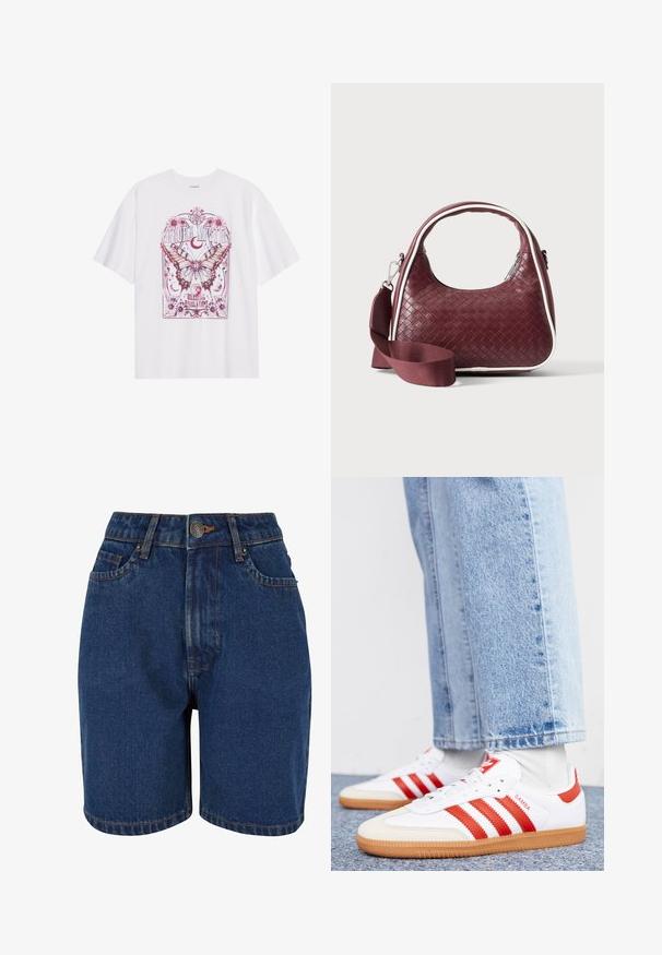Weißes Baumwoll-T-Shirt mit einem bunten grafischen Design eines Schmetterlings, umgeben von Blumen und Text, mit lockerem Schnitt und kurzen Ärmeln.; Denim-Shorts in dunklem Blau, mit hoher Taille, Fünf-Taschen-Design und kontrastierenden orangefarbenen Nähten. Der Stoff wirkt strukturiert.; Weiße Leder Sneaker mit roten Streifen und Akzenten. Verfügt über eine strukturierte Gummi-Laufsohle und einen gepolsterten Schaft. Tragen mit hellblauer Jeans.; Dunkelrote gewebte Ledertasche mit gebogenem Griff, weißem Besatz, silbernem Reißverschluss und abnehmbarem breitem Stoff-Schulterriemen vor einfarbigem Hintergrund.