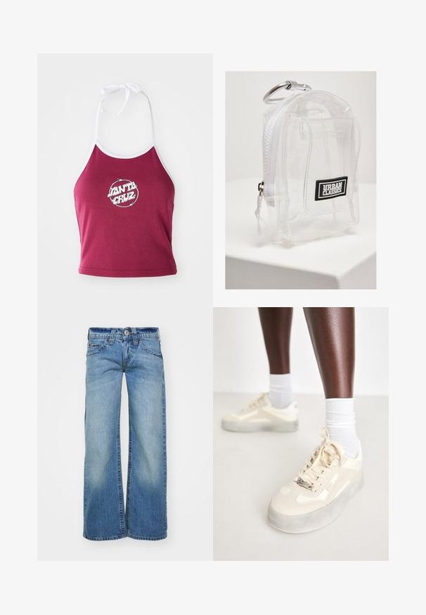 Mørkerød halterneck crop top med hvidt trim, prydet med et cirkulært logo med "Santa Cruz" i hvidt, lavet af ribbet bomuldsmateriale.; Lys blå vidde jeans i denimstof, med en blegning, fem lommer og en knaplukning med bæltestropper.; Beige sneakers med glat læder og ruskindsdetaljer, grå gummisål, teksturerede mønstre og et metallisk brandlogo på siden.; Klar PVC mini rygsæk med hvid lynlås og strop. Har et sort logo patch og en sølv karabiner. Kompakt rektangulær form.