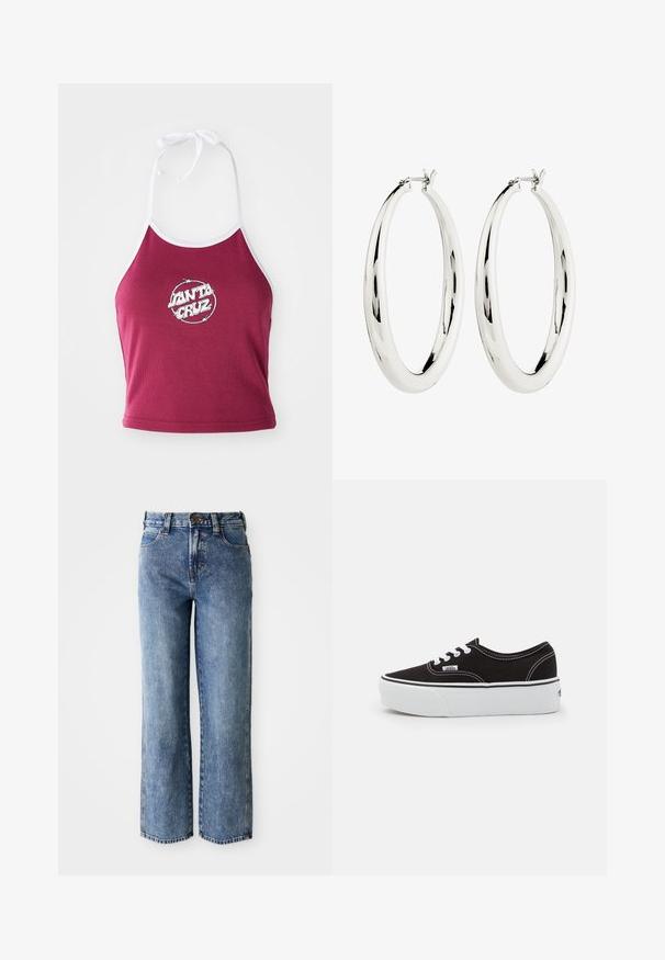 Hnedo-červený halterský crop top s bielymi obrubami, s okrúhlym logom "Santa Cruz" v bielej farbe, vyrobený z rebrovanej bavlnenej látky.; Džíny z modrého denimu s vysokým pásom, rovnými nohavicami, prednými vreckami, pútkami na opasok a gombíkovým zapínaním.; Čierne plátenné tenisky s bielou gumovou platformou, s bielymi šnúrkami a stehmi, ikonickým logom na boku, nízkoprofilový dizajn.; Strieborné kruhové náušnice s hladkým, reflexným povrchom. Guľatý, veľký tvar s bezpečným zapínaním na vrchu. Lesklý povrch ukazuje žiaru.