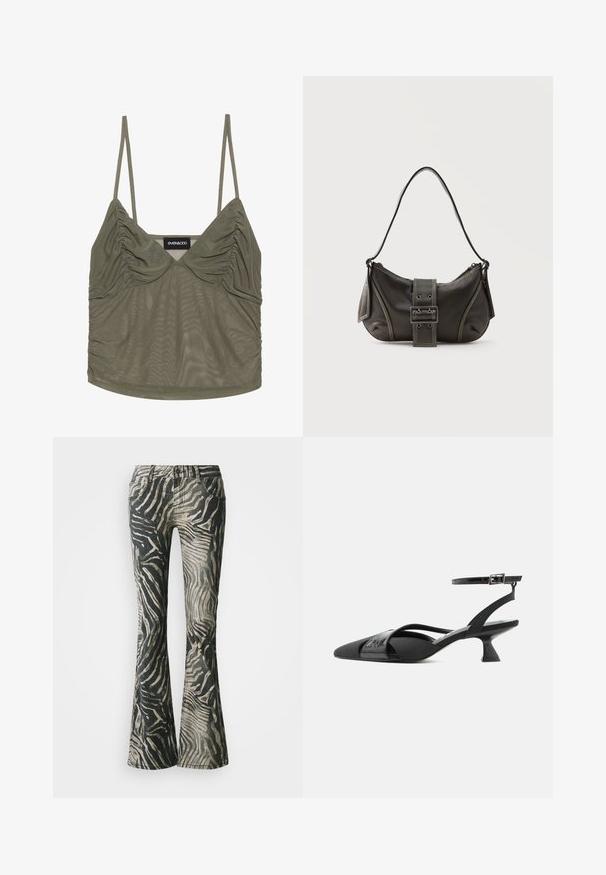 Olijfgroene mesh top met verstelbare spaghettibandjes, met geplooide details bij de buste en zijkanten, een gladde textuur en een afgeronde zoom.; Flared jeans in een zwart en beige zebra patroon, gemaakt van denim, met een vijf-vakken ontwerp en duidelijke stiksels.; Zwarte slingback kittenheel met puntige neus, dunne enkelsluiting en asymmetrische kruisbandjes op witte achtergrond.; Zwarte leren schoudertas met gespsluiting aan de riem, afgeronde hoeken en contrasterende witte stiksels op een effen achtergrond.