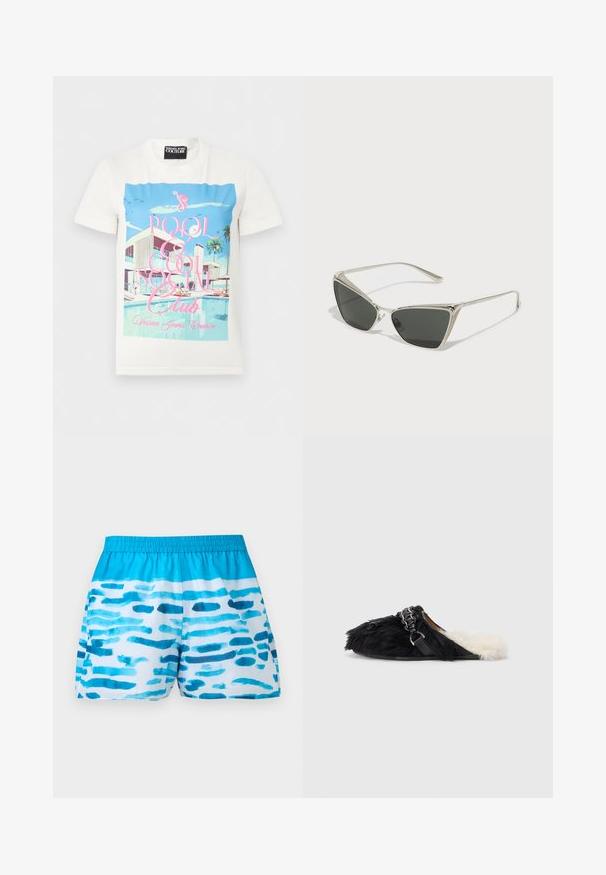 T-shirt blanc avec un graphisme coloré représentant une scène moderne au bord de la piscine, des palmiers, et un texte rose indiquant « Pool & Cool Social Club ».; Short de bain homme bleu et blanc avec motifs abstraits horizontaux de coups de pinceau et taille élastique sur un fond uni.; Pantoufles en fourrure noire avec une doublure en fourrure blanche et une sangle décorative en chaîne. Le design est à enfiler avec une semelle plate.; Lunettes de soleil triangulaires argentées avec des verres foncés. La monture présente un motif texturé et de petites embellissements aux coins. Structure en métal élégante.