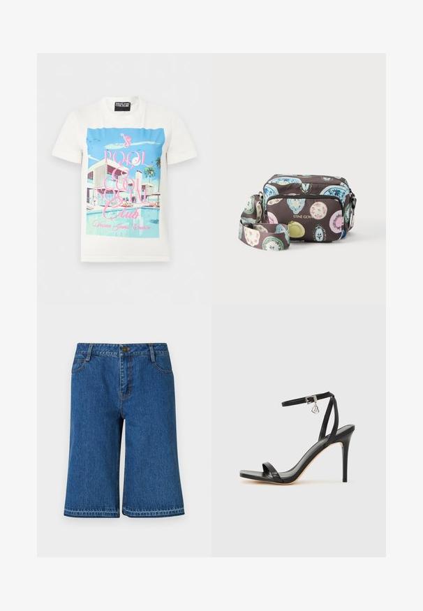 Weißes T-Shirt mit einer farbenfrohen Grafik einer modernen Poollandschaft, Palmen und pinkfarbenem Schriftzug "Pool & Cool Social Club."; Blaue Denim-Shorts mit geradem Schnitt, ausgestattet mit einem Bund, fünf Taschen und dezenten Nähten entlang der Säume.; Schwarze High-Heel-Sandale mit schmalem Knöchelriemen, quadratischer Zehenbox, glattem Leder und metallischem Schnallenakzent.; Umhängetasche mit bunten Ovalmustern auf dunklem Hintergrund, Vordertasche mit Reißverschluss und verstellbarem Riemen, mit dem Schriftzug "STINE GOYA" in goldenen Buchstaben.