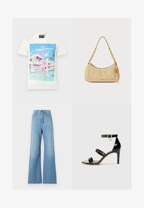 White t-shirt with a colorful graphic of a modern poolside scene, palm trees, and pink text reading "Pool & Cool Social Club."; Light blue high-waisted wide-leg jeans with front button and zipper closure, front and back pockets, and visible stitching.; Black patent leather sandal with three straps, ankle buckle, and 4-inch stiletto heel. Features gold hardware detail and logo charm.; Beige leather shoulder bag with braided edges, gold chain strap, and circular gold pendant featuring initials MK.