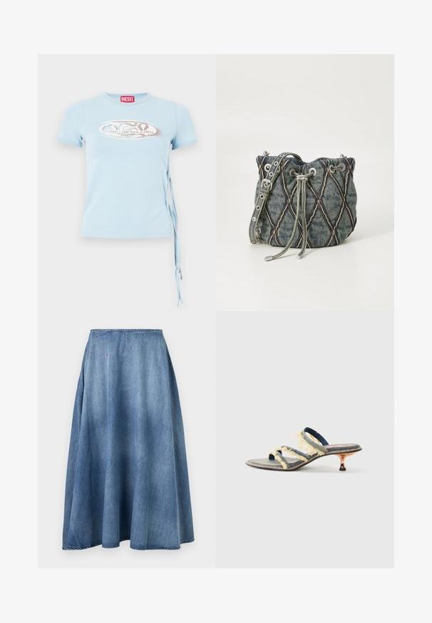 Lys blå kortærmet T-shirt med rund halsudskæring, sidebindinger og et grafisk print med teksten "www.diesel.com" i sølv.; Blå denim A-linje nederdel med let falmning og små røde tråddetaljer nær taljen, mod en ensfarvet hvid baggrund.; Denim slidesandaler med tre gule, frynset remme, en let spids tå og en metal kitten heel. Flad sål med dekorativ syning.; Denim spandabeltaske med diamant quiltet mønster, grå snøring, sølv hardware detaljer og blød tekstur, med en aftagelig rem.