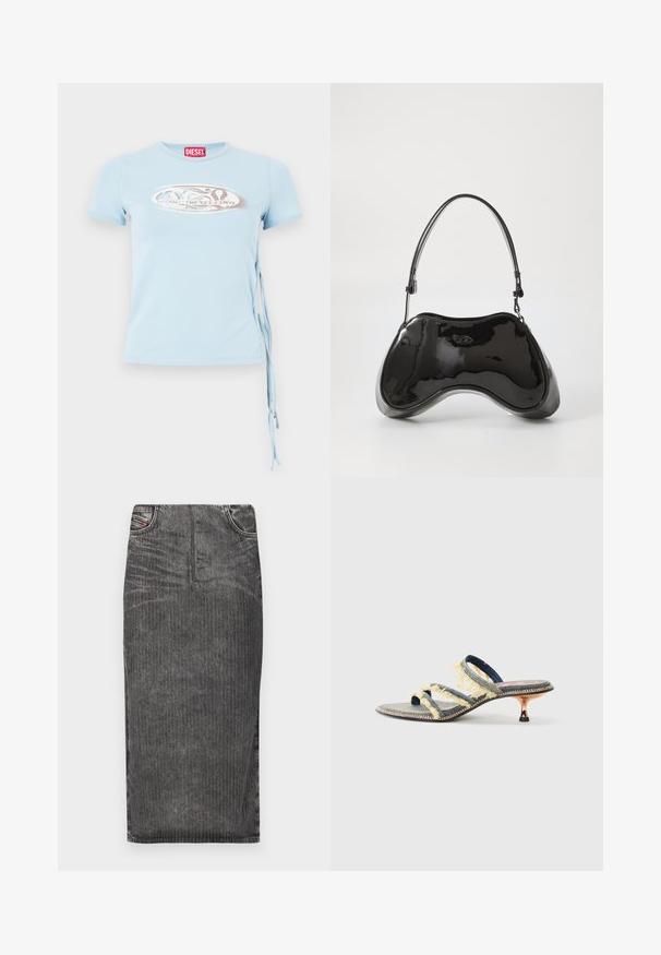 Hellblaues T-Shirt mit kurzen Ärmeln, runder Ausschnitt, seitlichen Bindebändern und einem grafischen Druck mit dem Text "www.diesel.com" in Silber.; Grauer Denim-Midi-Rock mit vertikalen Nadelstreifen, hoher Taillenbund, Fünf-Taschen-Design und einem sauberen Saum.; Denim-Slidesandale mit drei gelben, ausgefransten Riemen, einer leicht spitzen Zehenpartie und einem metallischen Kitten-Heel. Flache Sohle mit dekorativer Naht.; Schwarze Handtasche aus lackiertem Leder mit einer einzigartigen, geschwungenen Form, kurzem verstellbarem Griff und einem Reißverschluss oben. Glatte Textur mit dezentem Branding.
