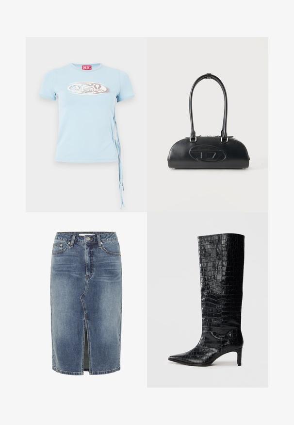 Svetlomodré tričko s krátkymi rukávmi, okrúhlym výstrihom a viazaním na bokoch, s grafickým potlačou obsahujúcou text "www.diesel.com" v striebornej farbe.; Modrá džínová sukňa po kolená s predným stredovým rozparkom, päťvreckovým dizajnom a gombíkovým zapínaním v páse.; Čierne čižmy po kolená s lesklým krokodílím vzorom, špicatou špičkou a zužujúcim sa opätkom. Hladký syntetický materiál.; Čierna kožená kabelka s dlhými dvojitými rúčkami a vyrazeným oválnym logom vpredu, zobrazená na jednoduchom svetlom pozadí.