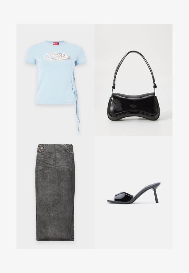 Lys blå kortærmet T-shirt med rund halsudskæring, sidebindinger og et grafisk print med teksten "www.diesel.com" i sølv.; Grå denim midi-skjørt med vertikale striber, med høj talje, fem lomme-design og en ren kant.; Sorte laklæder sandaletter med åben tå, der har et buet overdesign og en spids stilethæl. Glat, blank finish.; Sort patentlæder håndtaske med en buet form, et enkelt håndtag og en rund bund. Har en subtil logo-detalje på forsiden.